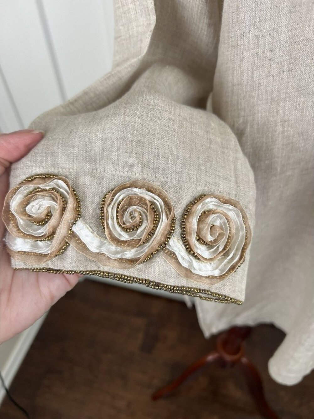 Key Lime & Pink Linen Tunic M Embellished Rosette Beaded Boho Top 3/4 Sleeve - Picture 8 of 11